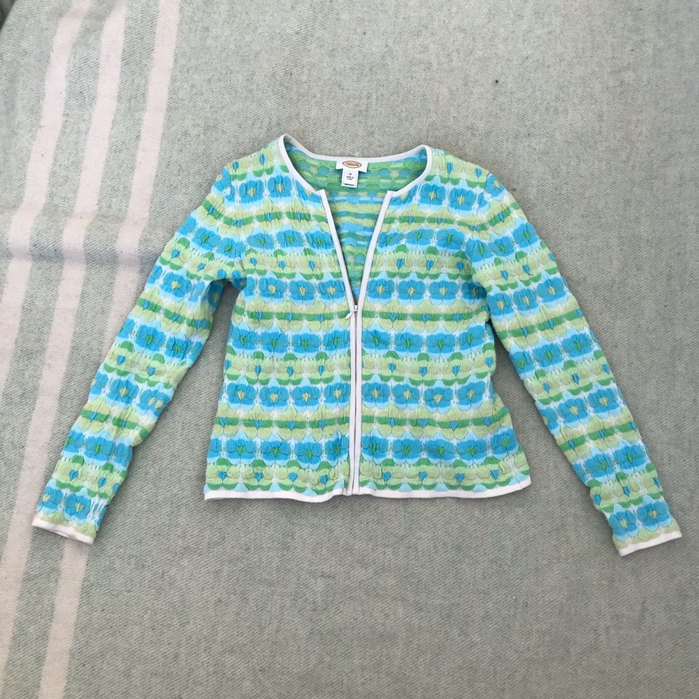 Cute 90’s flower green and blue zip up sweater women’s medium